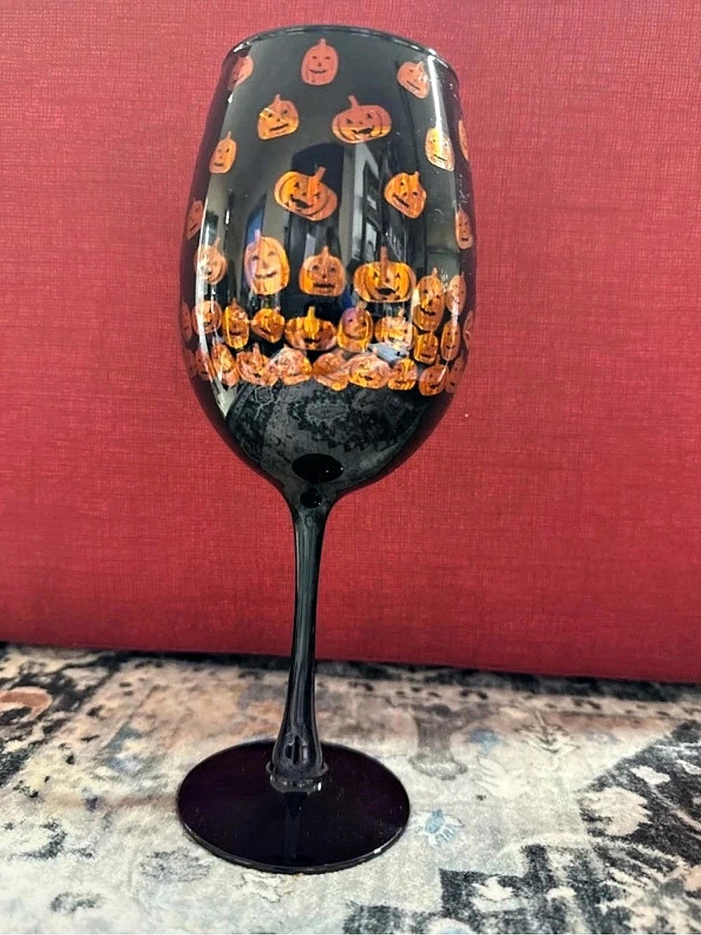 Black & Orange Pumpkin Print Wine Glass